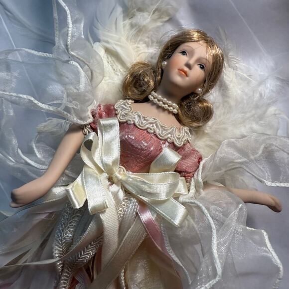 VTG Porcelain Angel Christmas Ornament Cream Pink Pearl Lace Feathers Ribbon 12” - Picture 5 of 16